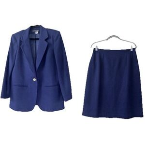 Vintage 90s Savannah Large Suit 100% Wool Skirt Blazer Lined One Button Retro